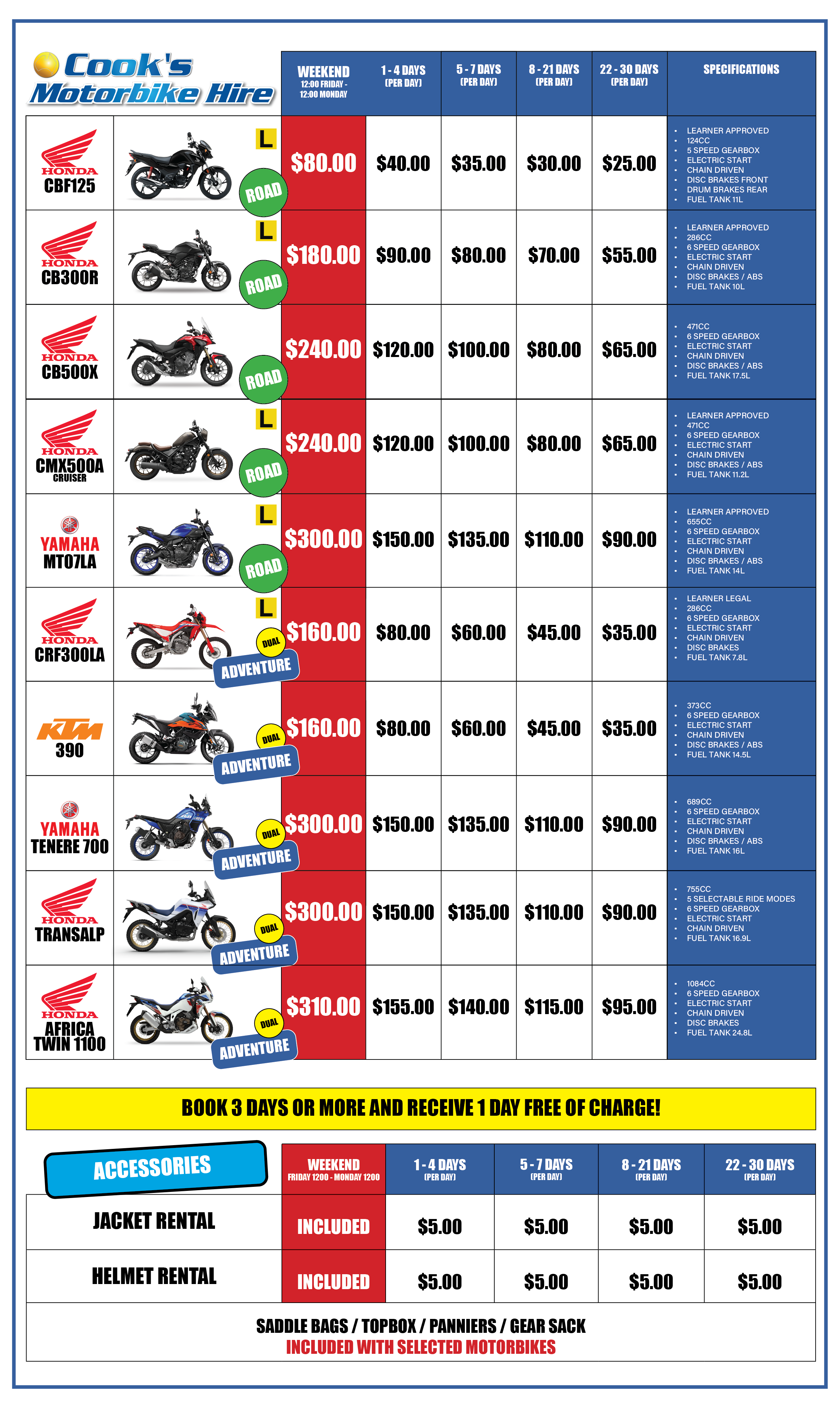 Rate Card – Cook's Motorbike Hire